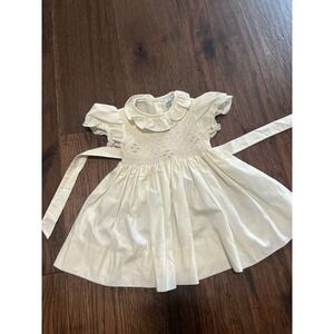 Vtg Smocked Baby Dress Ivory Smocking Pink Flower Ruffle Collar Short Sleeve 3t